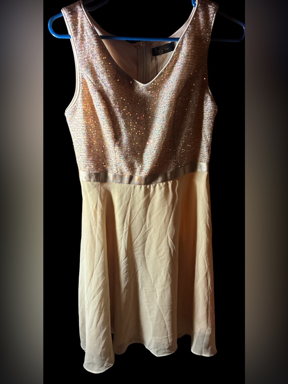 NWT Dressystar Champagne Sequin Bodice Chiffon A-Line Cocktail Dress Small